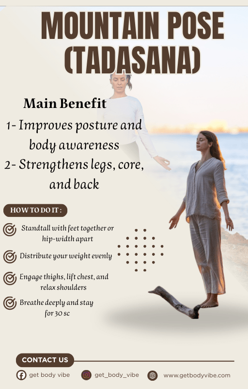 Yoga poses at home guide featuring Mountain Pose (Tadasana) with benefits and how-to instructions.