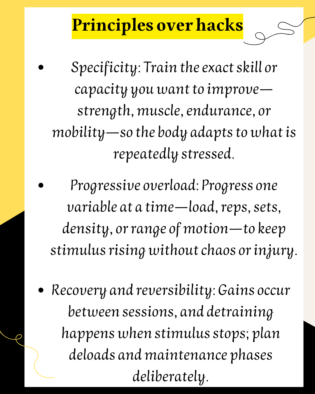 "train smart workout program principles specificity progressive overload recovery graphic"