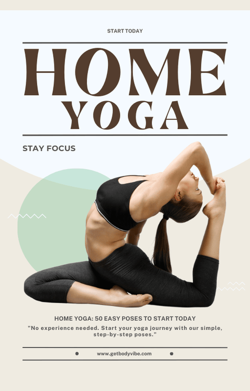 Image promoting 50 Yoga Poses at Home, featuring a person demonstrating yoga pose, emphasizes flexibility and focus.