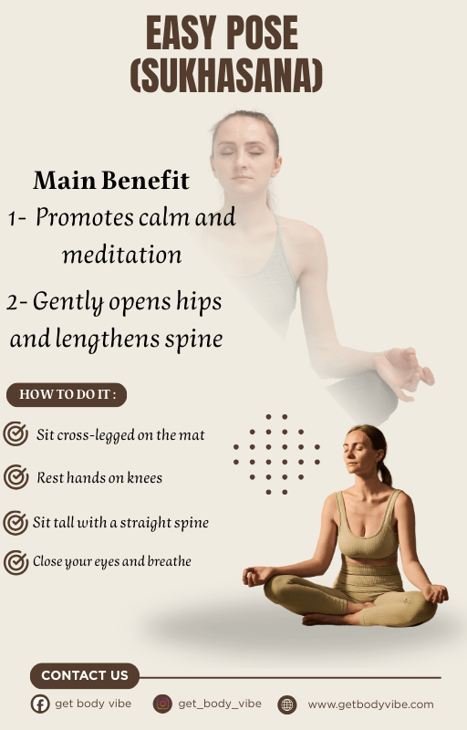 Yoga poses at home guide featuring Easy Pose (Sukhasana) with instructions and benefits.