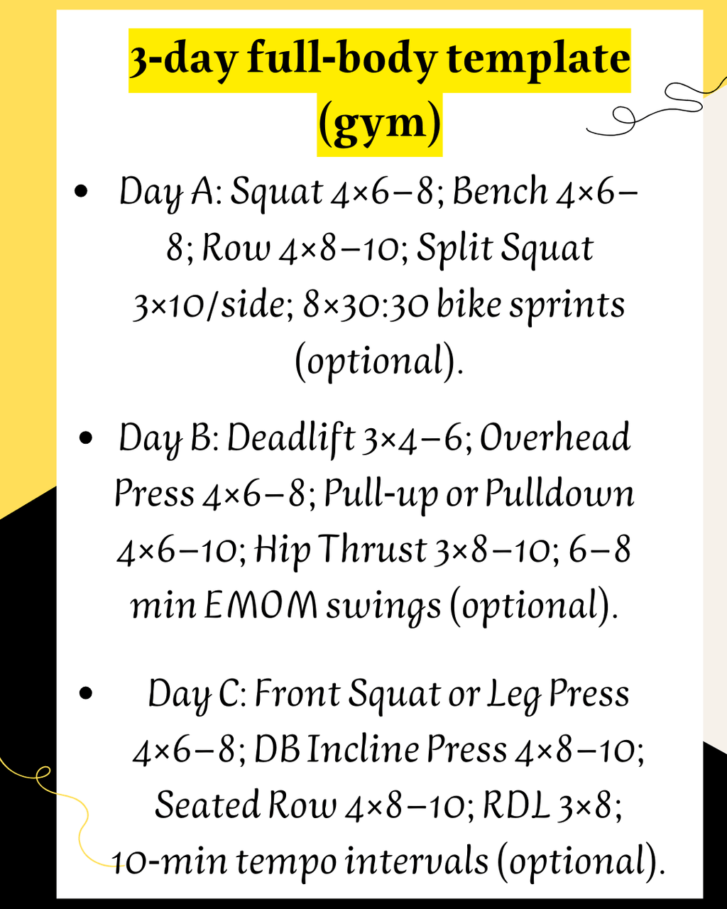 "train smart workout program 3-day full body template gym squat bench row deadlift plan"