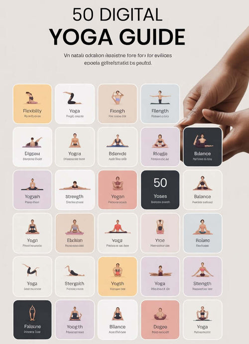 50 Yoga Poses at Home digital yoga guide showcasing various poses for flexibility, balance, and strength.