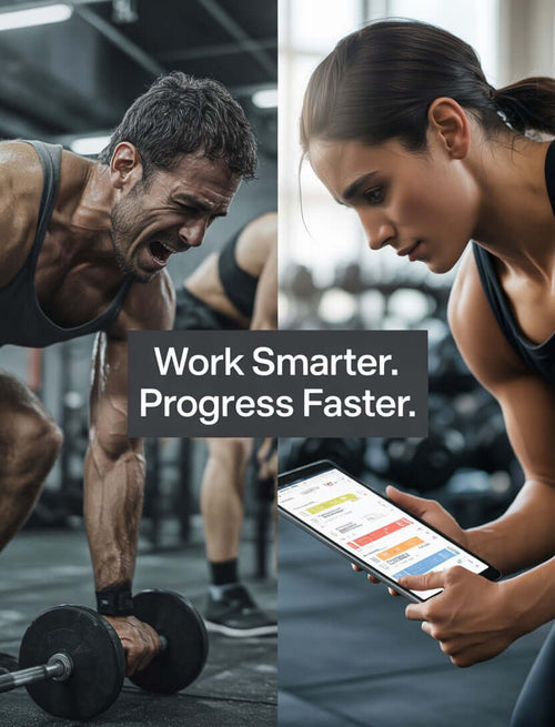 "train smart workout program before after exhausted vs focused gym app tracker"
