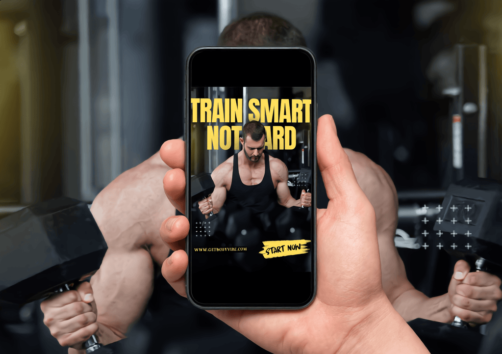 Hand holding smartphone displaying Train Smart Workout Program with fitness background and weights.