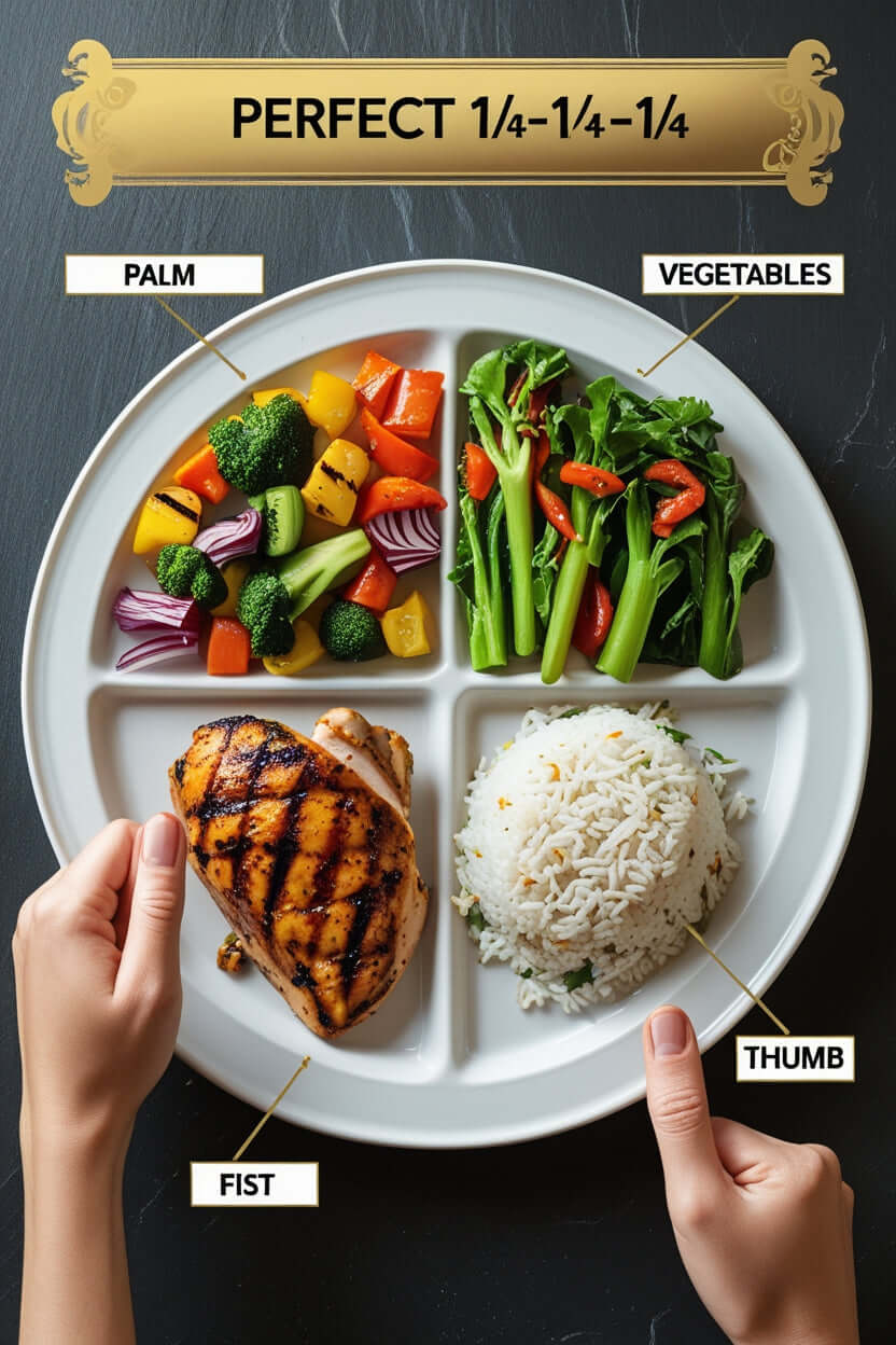 "balanced eating guide perfect 1/4 plate palm fist thumb vegetables"