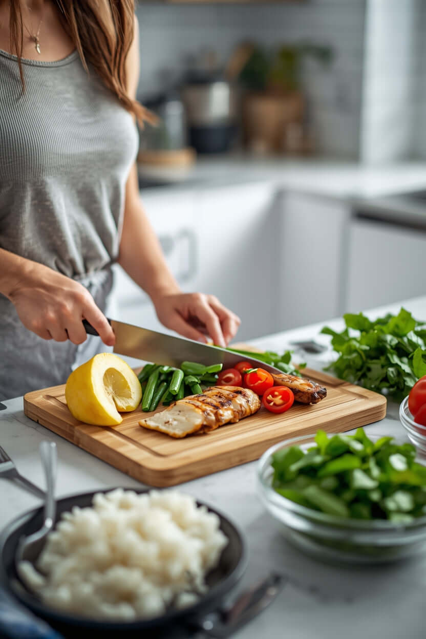 "balanced eating guide meal prep chicken veggies lemon kitchen"