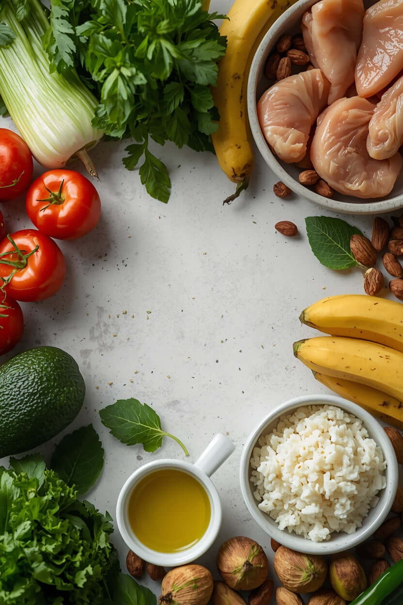 "balanced eating guide ingredients chicken almonds banana rice olive oil"