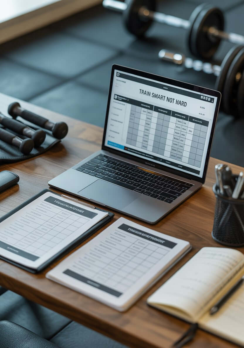 "train smart workout program tracker laptop gym dumbbells workout sheets Train Smart Not Hard"